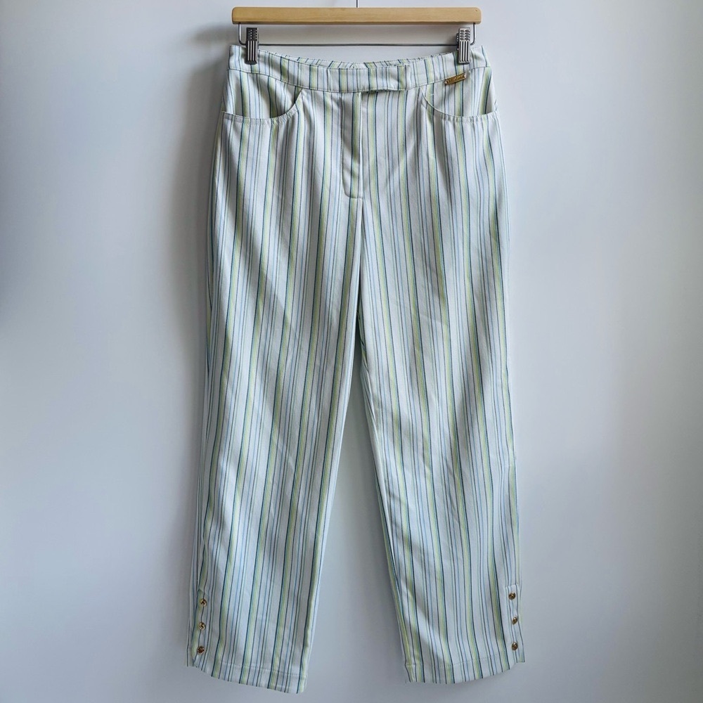 St. John Sport Striped Ankle Cropped Pants White Lime Navy Size 6